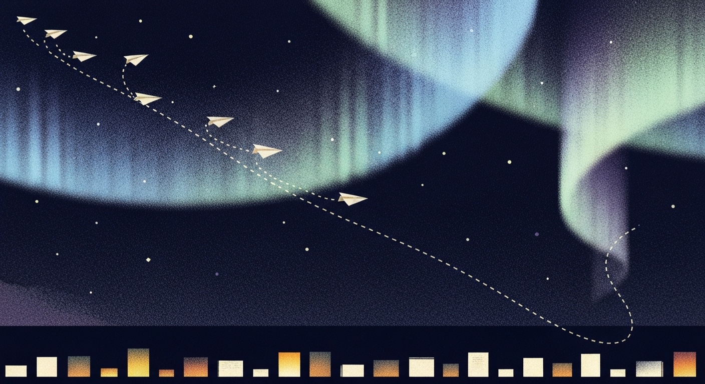 Paper planes descending from an aurora sky onto a row of glowing landing pages